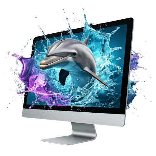 Dolphin splashing out of a computer monitor 